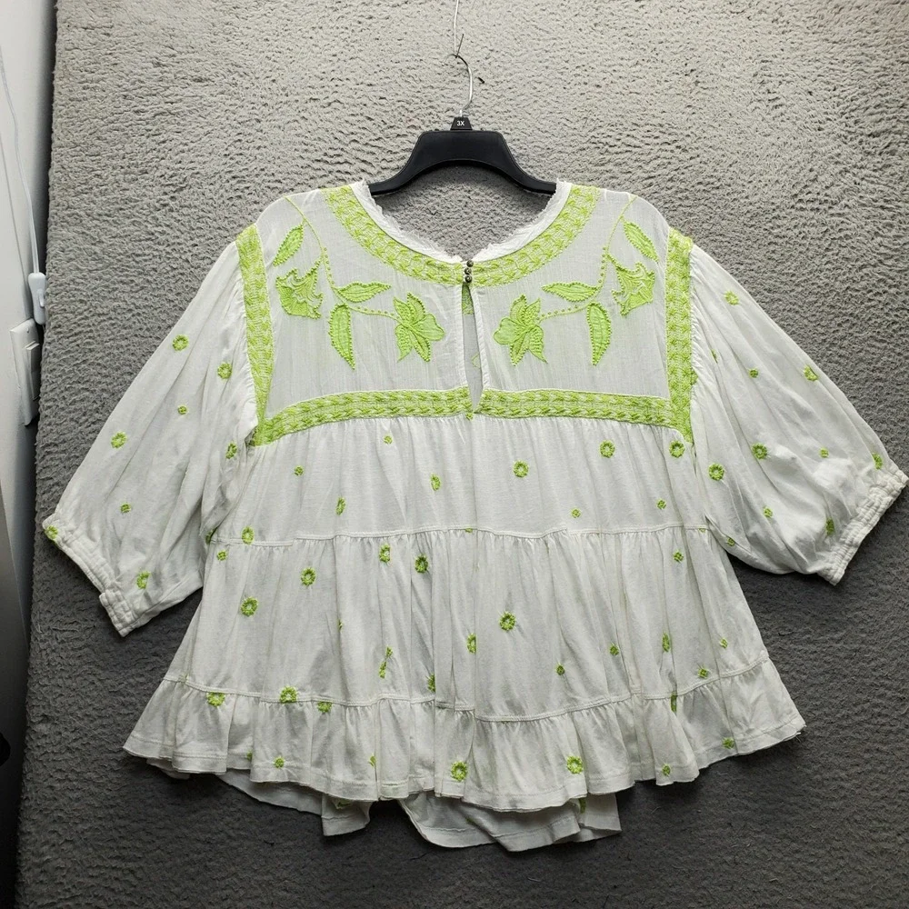 Free People Blouse Top Womens Large Multi Embroidered Floral Linen Boho Tiered